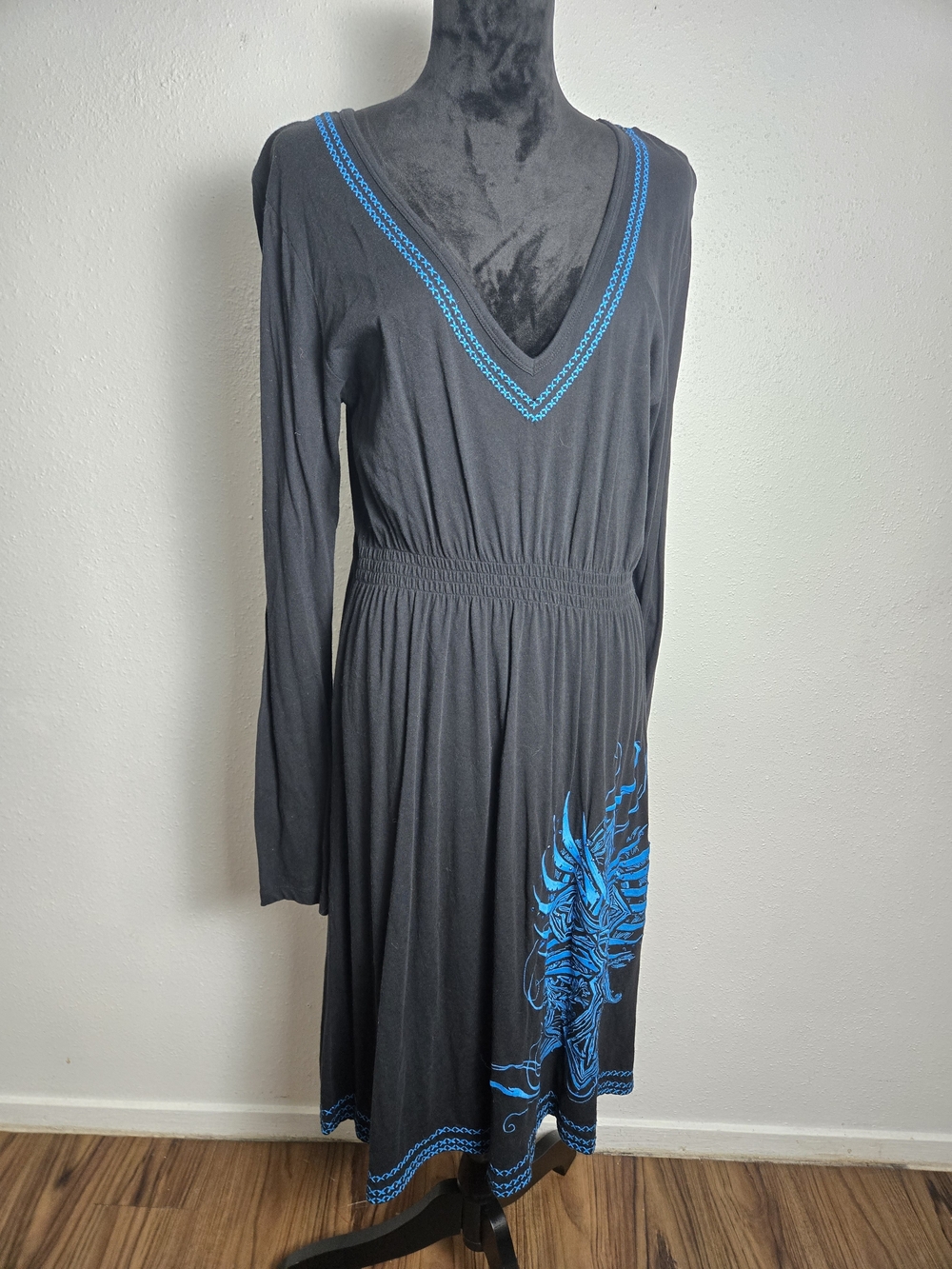 Rock & Roll Cowgirl Black Long-Sleeve V-Neck Dress with Blue Trim and Graphic